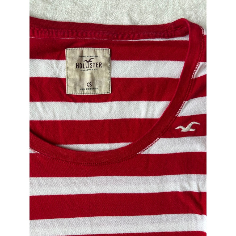 Hollister Womens XS Red White Striped Long Sleeve Scoop Neck Tee Seagull Logo - Picture 3 of 7
